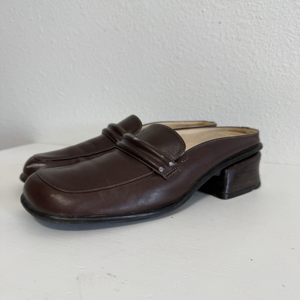 Anne Klein Brown Leather Square Toe Slip On Clog Mules Womens Size 7.5 M‎ Y2K